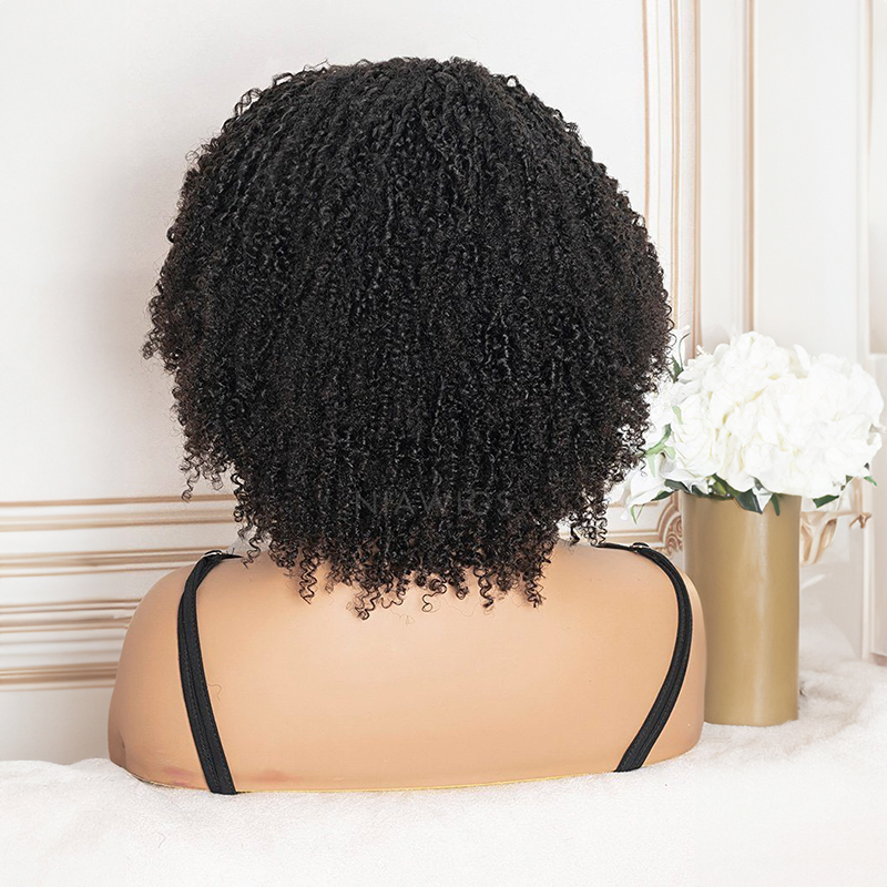 Perruque frisée afro kinky curly 13x4 avec frange en cheveux humains, devant en dentelle
