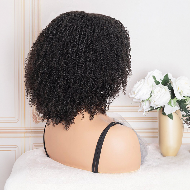 Perruque frisée afro kinky curly 13x4 avec frange en cheveux humains, devant en dentelle