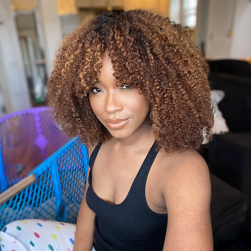 Perruque frisée afro kinky curly 13x4 avec frange en cheveux humains, devant en dentelle