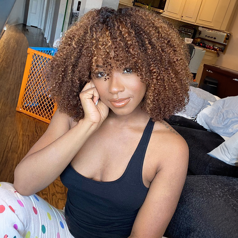 Perruque frisée afro kinky curly 13x4 avec frange en cheveux humains, devant en dentelle
