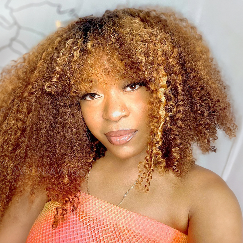 Perruque frisée afro kinky curly 13x4 avec frange en cheveux humains, devant en dentelle