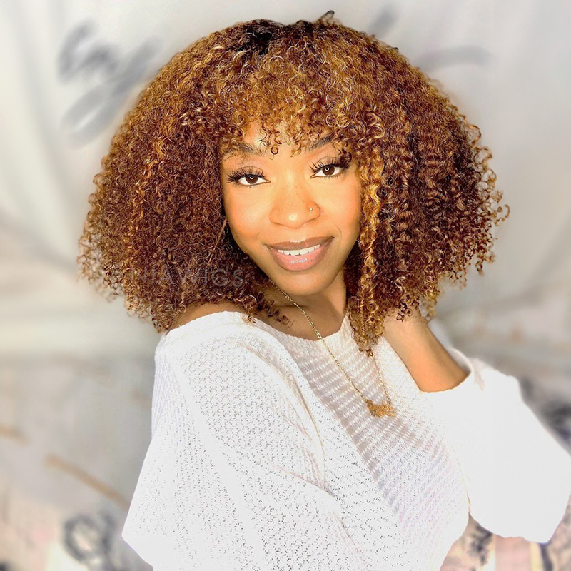 Perruque frisée afro kinky curly 13x4 avec frange en cheveux humains, devant en dentelle