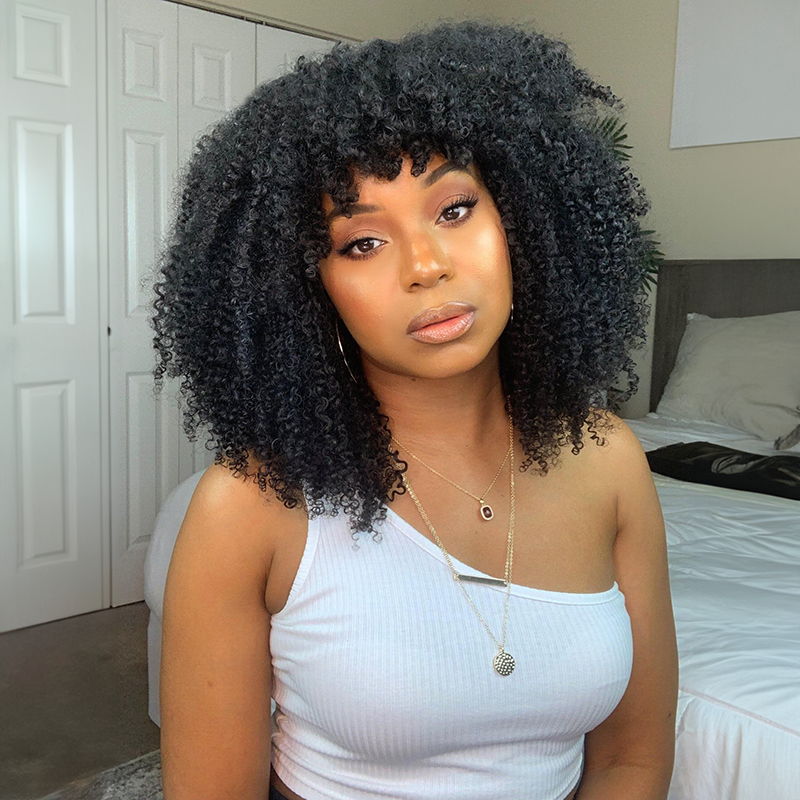 Perruque frisée afro kinky curly 13x4 avec frange en cheveux humains, devant en dentelle
