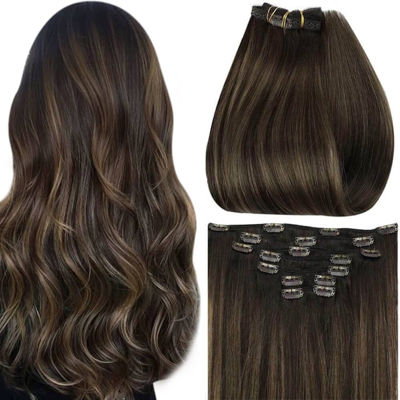 Brown Highlights Balayage Clip-in Human Hair Extensions #2/2/6