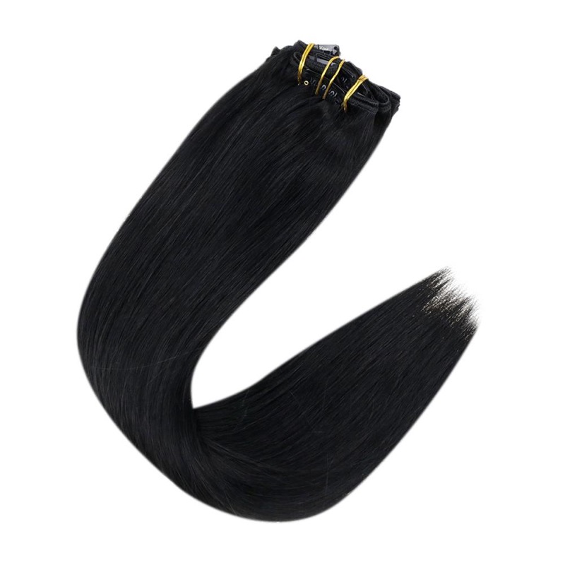 Tienda de cabello de China Venta al por mayor Extensiones de cabello humano Remy en clip negro jet # 1.