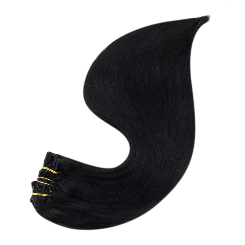 Tienda de cabello de China Venta al por mayor Extensiones de cabello humano Remy en clip negro jet # 1.