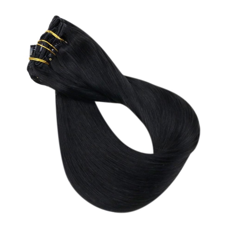 Tienda de cabello de China Venta al por mayor Extensiones de cabello humano Remy en clip negro jet # 1.