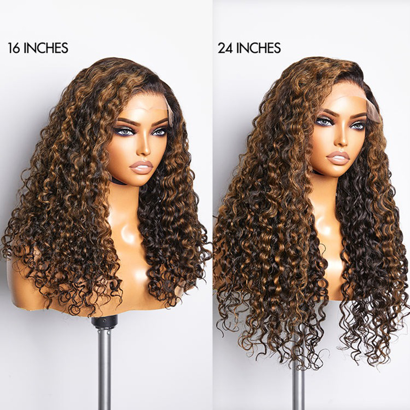 Curly Brown Highlights Glueless 5x5 Closure Lace Wigs Beginner Friendly