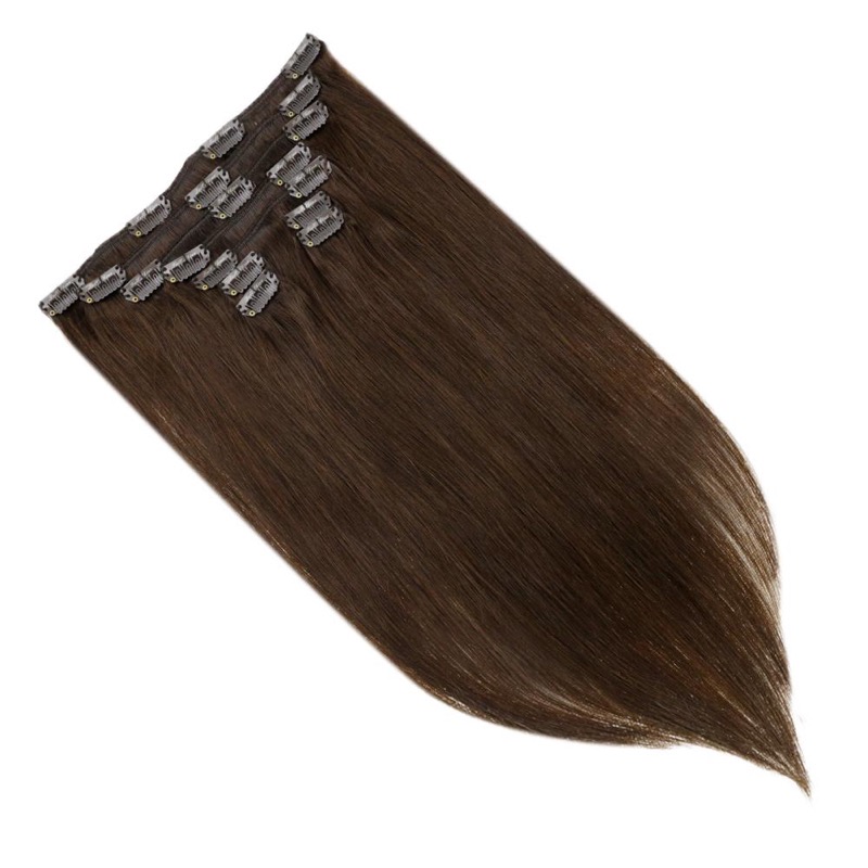 Estensioni per capelli Clip-In marrone scuro in capelli veri Remy (#4) | Negozio di alta qualità