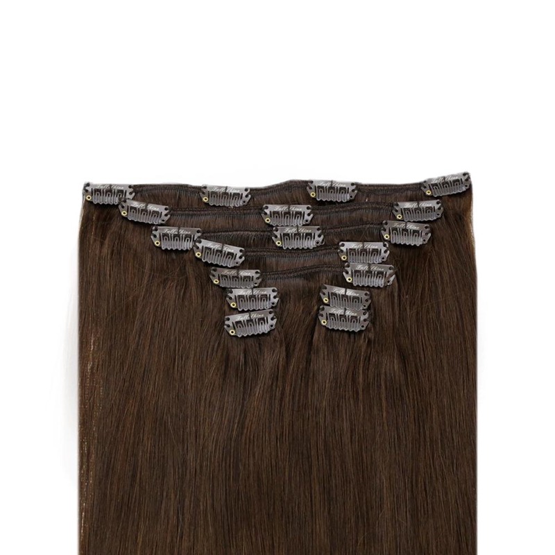 Estensioni per capelli Clip-In marrone scuro in capelli veri Remy (#4) | Negozio di alta qualità
