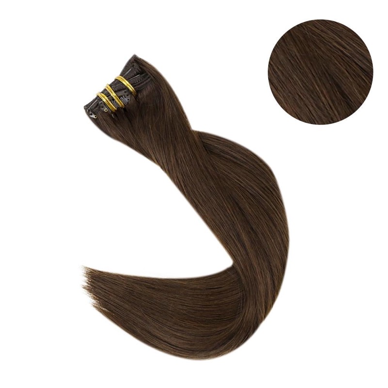 Estensioni per capelli Clip-In marrone scuro in capelli veri Remy (#4) | Negozio di alta qualità