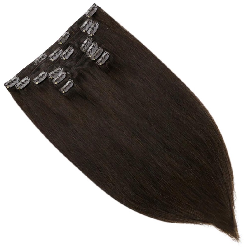 Extensões de Cabelo Castanho Escuro Clip-In de Cabelo Humano Remy (#2) | Fábrica Direta
