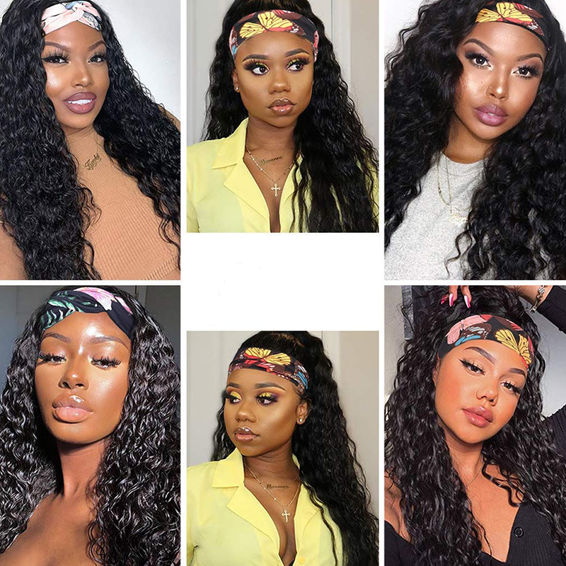Perruques bandeau ondulées profondes en cheveux humains, perruque sans dentelle avec une densité de 150% et des bébés cheveux