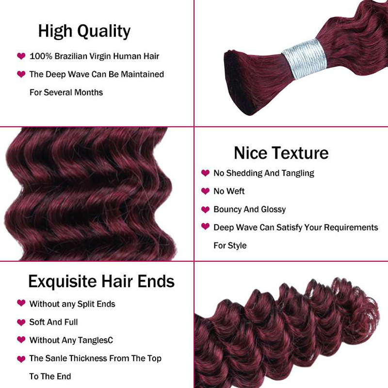 Factory Direct Human Hair #99J Deep Wave Bulk Hair Extensions For Braiding