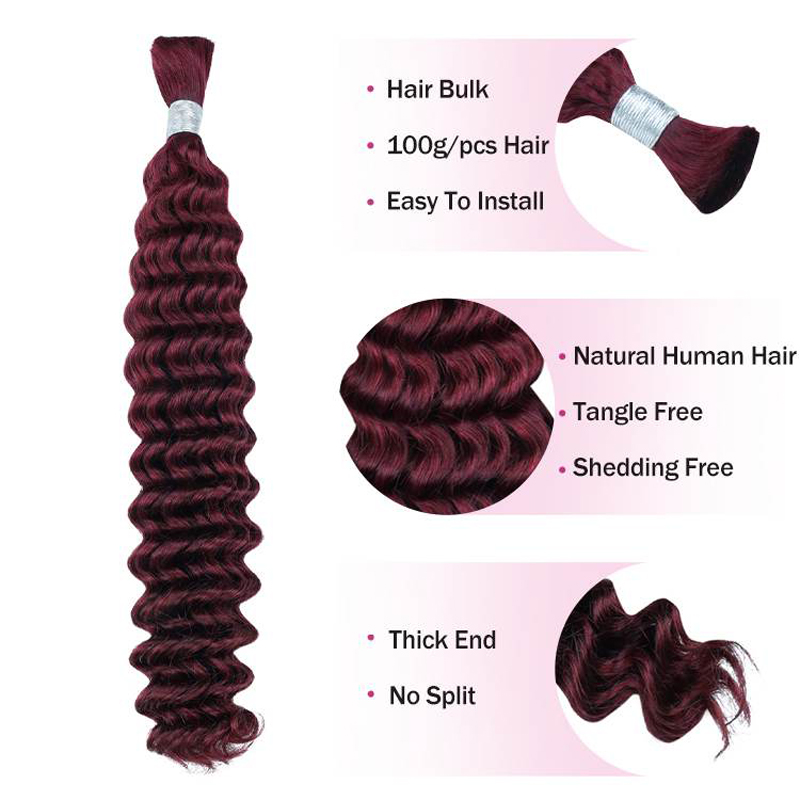 Factory Direct Human Hair #99J Deep Wave Bulk Hair Extensions For Braiding