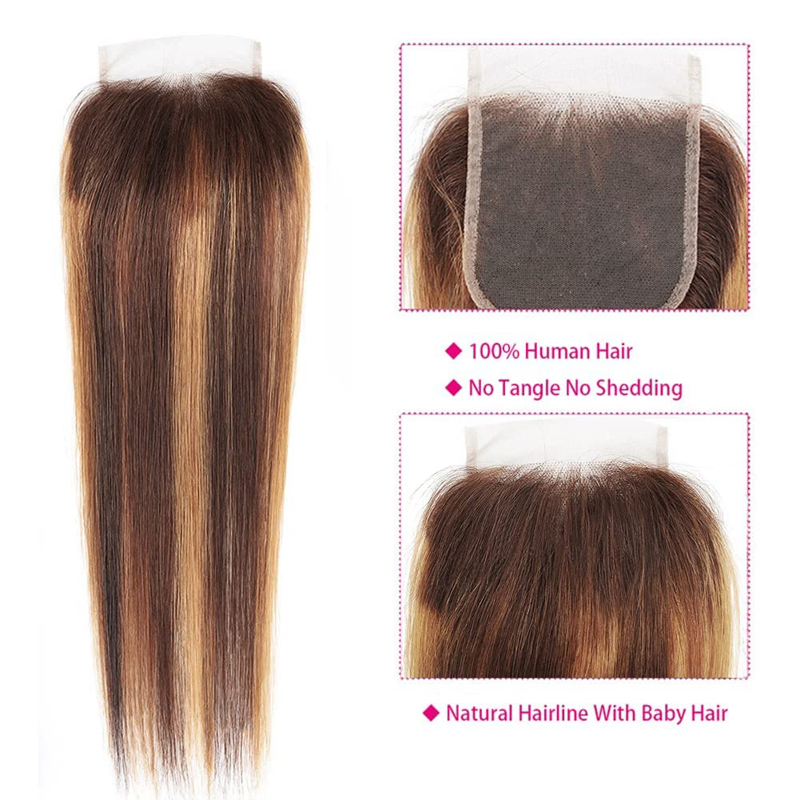Highlight 4x4 Kant Sluiting Menselijk Haar P4/27 Bruin Blond Kant Sluiting