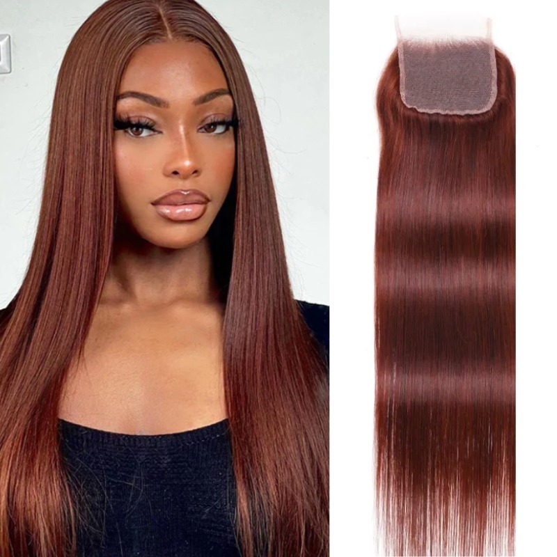 Human Hair Factory Reddish Brown Straight 4x4 Lace Closure Free Part