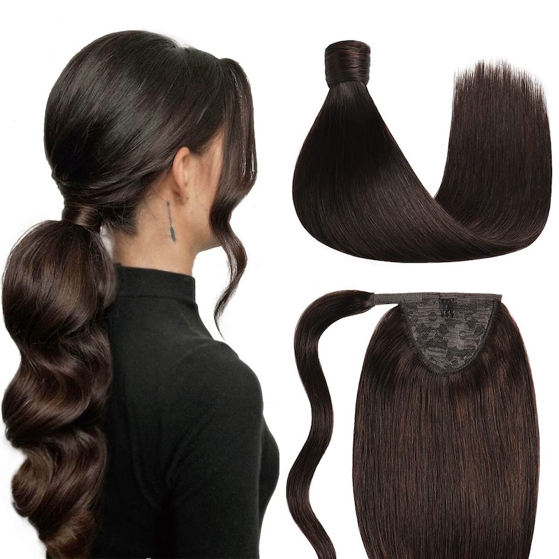Human Hair Factory Hair Ponytail Extensions Wrap Around Clip In 100G #2 Darkest Brown