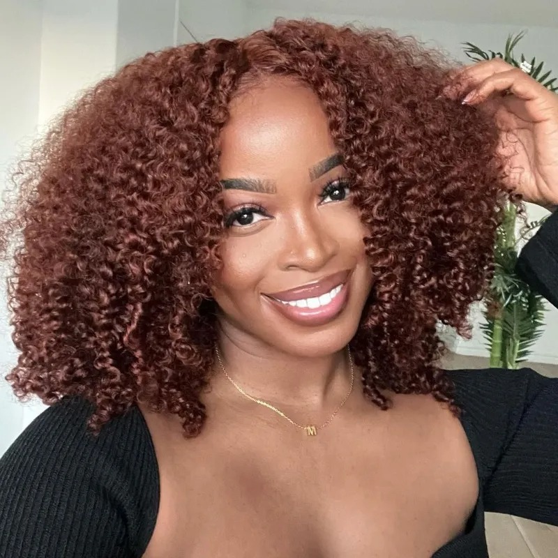 Peruca Cacheada Vermelho Castanho de Cabelo Humano com Renda Frontal 13x4 Pré-Arrancada