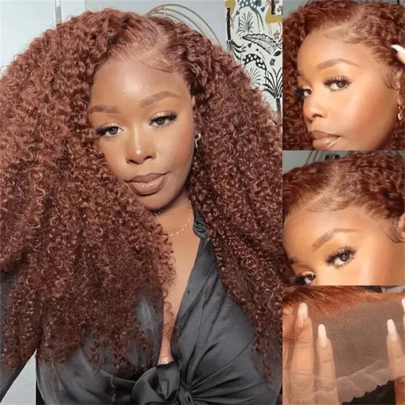 Peruca Cacheada Vermelho Castanho de Cabelo Humano com Renda Frontal 13x4 Pré-Arrancada