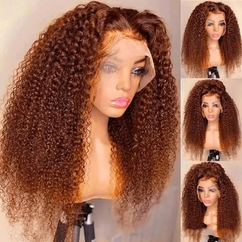 Human Hair Red Brown 13x4 Lace Front Kinky Curly Wig Pre-Plucked Hairline