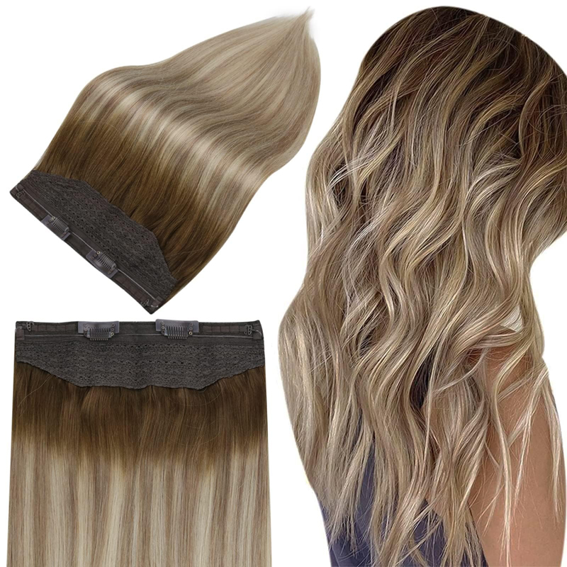 Invisible Wire Hair Extensions Human Hair Ombre Brown And Blonde 100g
