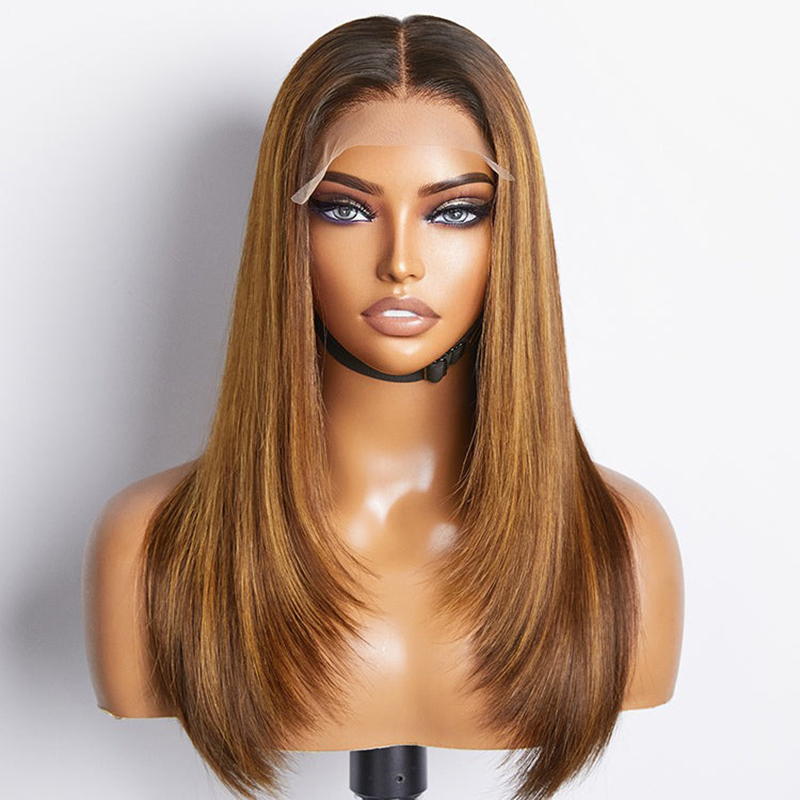 Wholesale Layered Cut Brown Mix Blonde Glueless 5x5 Closure Lace Wig Pre-plucked