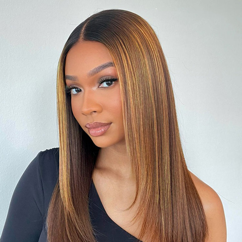 Wholesale Layered Cut Brown Mix Blonde Glueless 5x5 Closure Lace Wig Pre-plucked