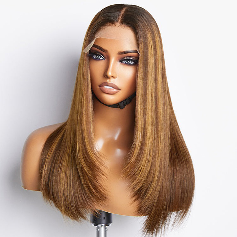 Wholesale Layered Cut Brown Mix Blonde Glueless 5x5 Closure Lace Wig Pre-plucked