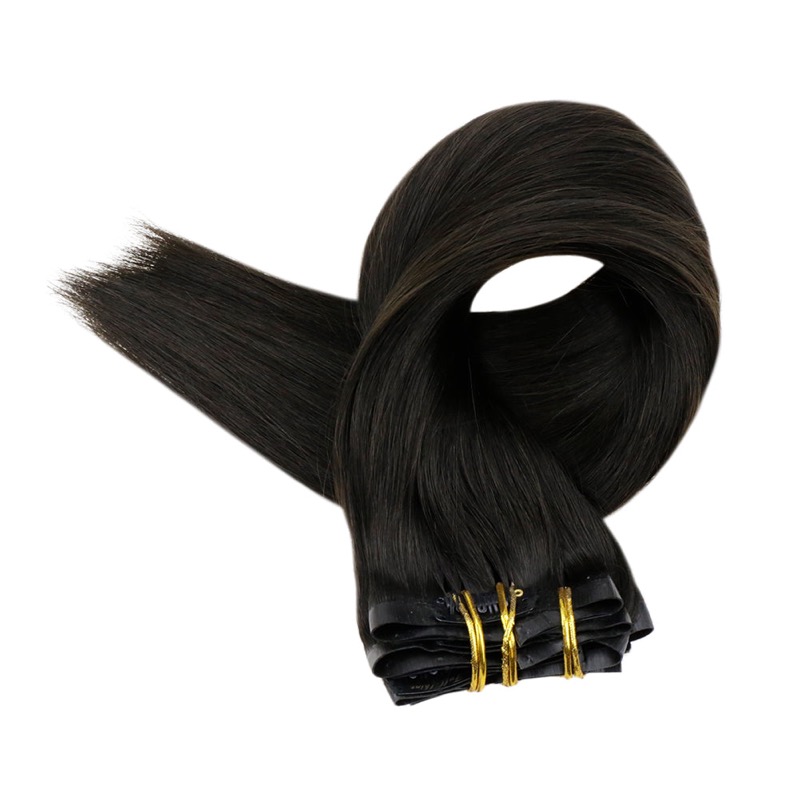 Off Black PU Clip-In Haarverlengingen Remy Menselijk Haar (#1B) | Top Leverancier