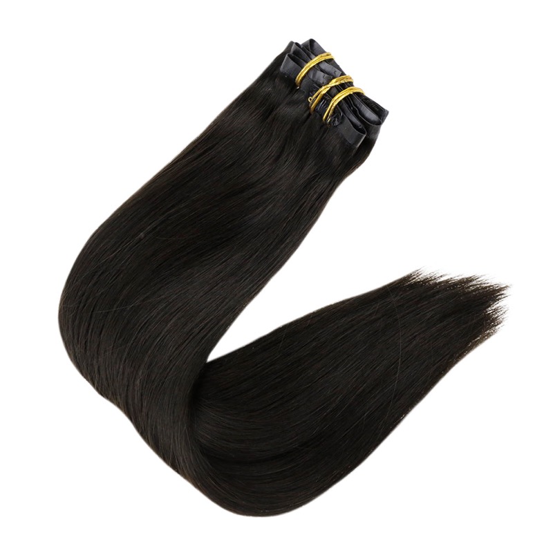 Off Black PU Clip-In Haarverlengingen Remy Menselijk Haar (#1B) | Top Leverancier
