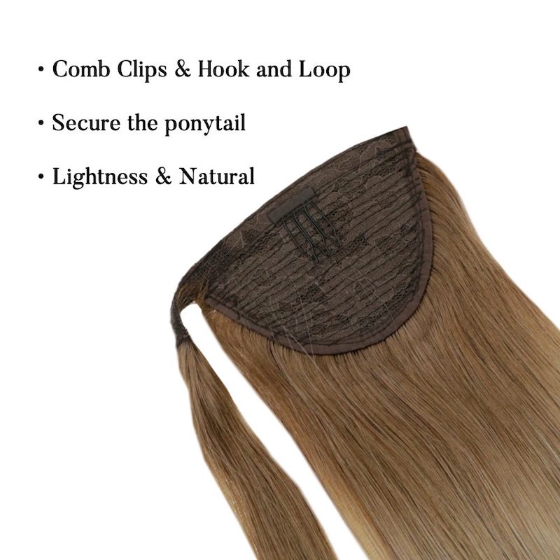 Ponytail Extension Human Hair Balayage Brown #10/14 100G Clip In Straight