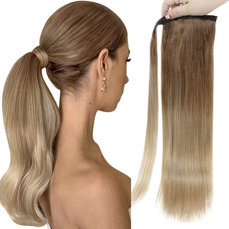 Ponytail Extension Human Hair Balayage Brown #10/14 100G Clip In Straight