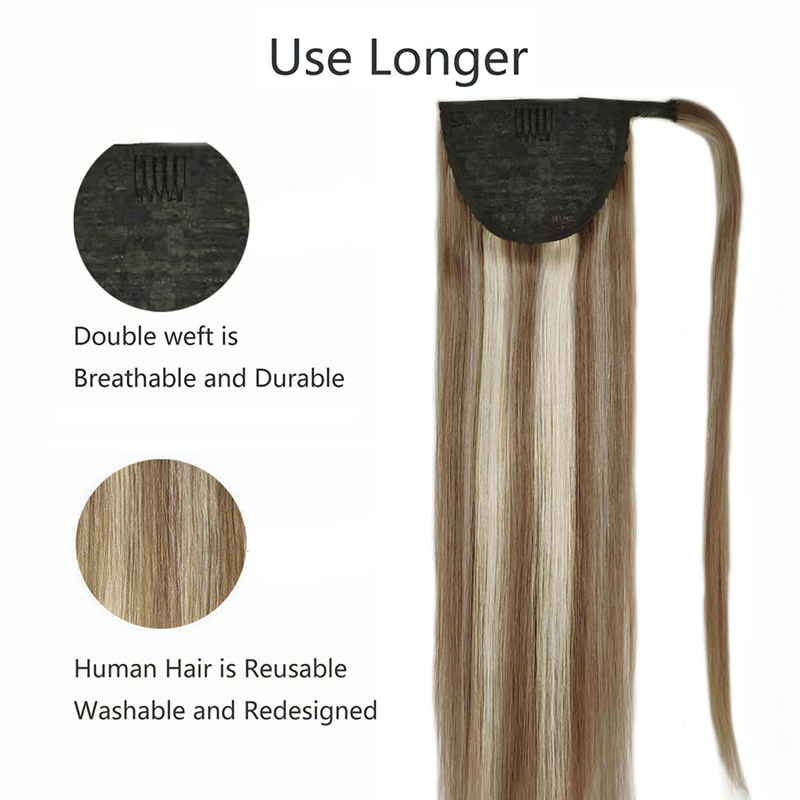 Ponytail Extension Human Hair Dark Brown and Bleach Blonde Hairpieces