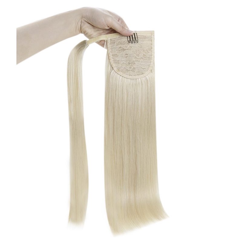 Ponytail Extension Human Hair Platinum Blonde #60 100g Clip In Extension
