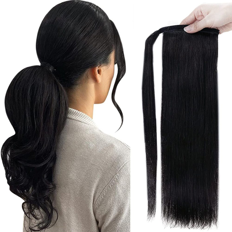 China Hair Store Ponytail Hair Wholesale Wrap Around Clip in Ponytail 100g #1 Jet Black