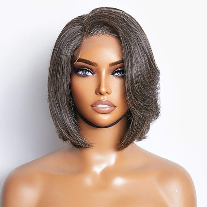 Perruque en dentelle sans colle style Bob avec raie sur le côté au sel et au poivre