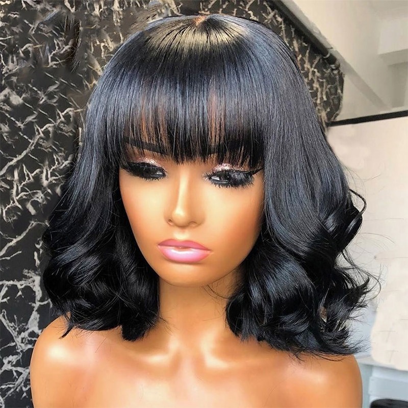 China Hair Store Short Bob Wig Soft Wavy Curls Human Hair Wig With Bangs