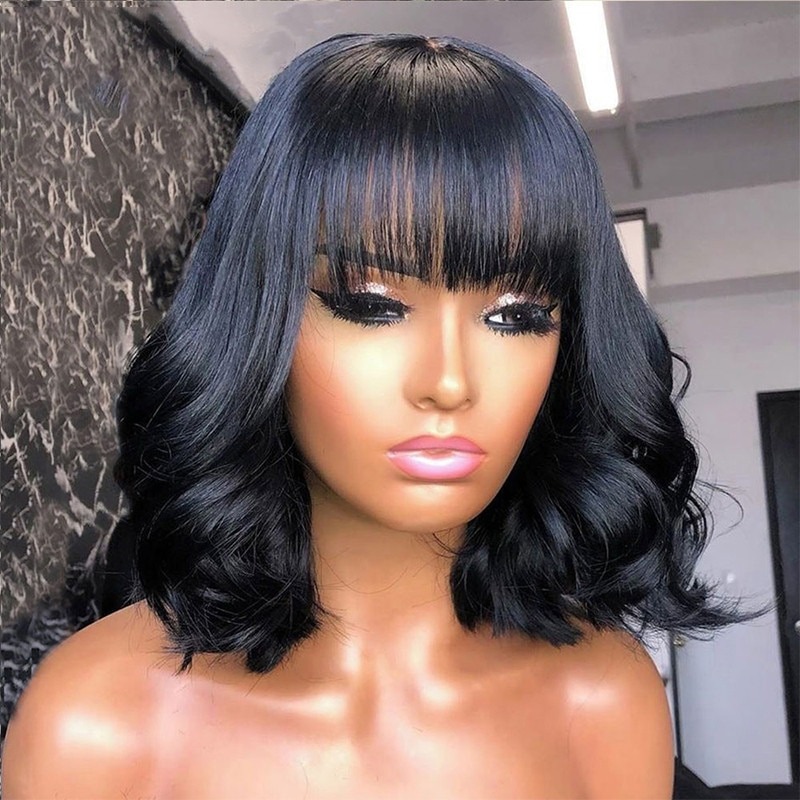 Short Bob Wigs With Bangs 13X4 Body Wave Human Hair Wig With Bangs