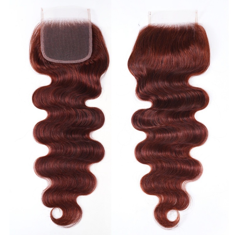 Top Hair Vendor for Wholesale Dark Auburn Body Wave Human Hair 4x4 Lace Closure