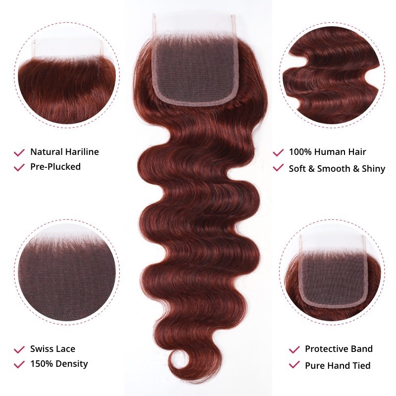 Top Hair Vendor for Wholesale Dark Auburn Body Wave Human Hair 4x4 Lace Closure