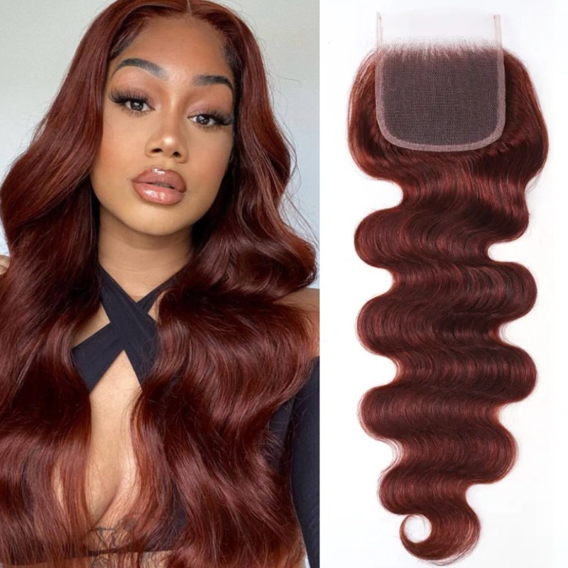 Top Hair Vendor for Wholesale Dark Auburn Body Wave Human Hair 4x4 Lace Closure
