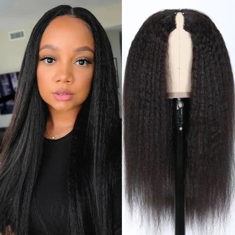 V Part Wig Kinky Straight Human Hair Protective Style None Lace Wig