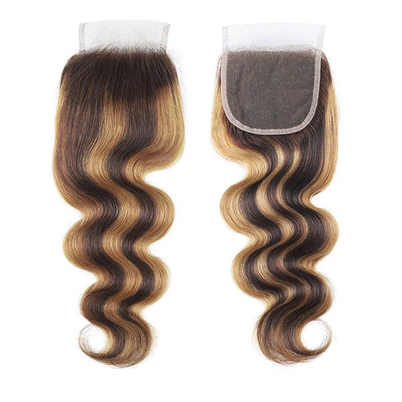 Wholesale Transparent Highlight Body Wave Closure 4x4 Human Hair Pieces