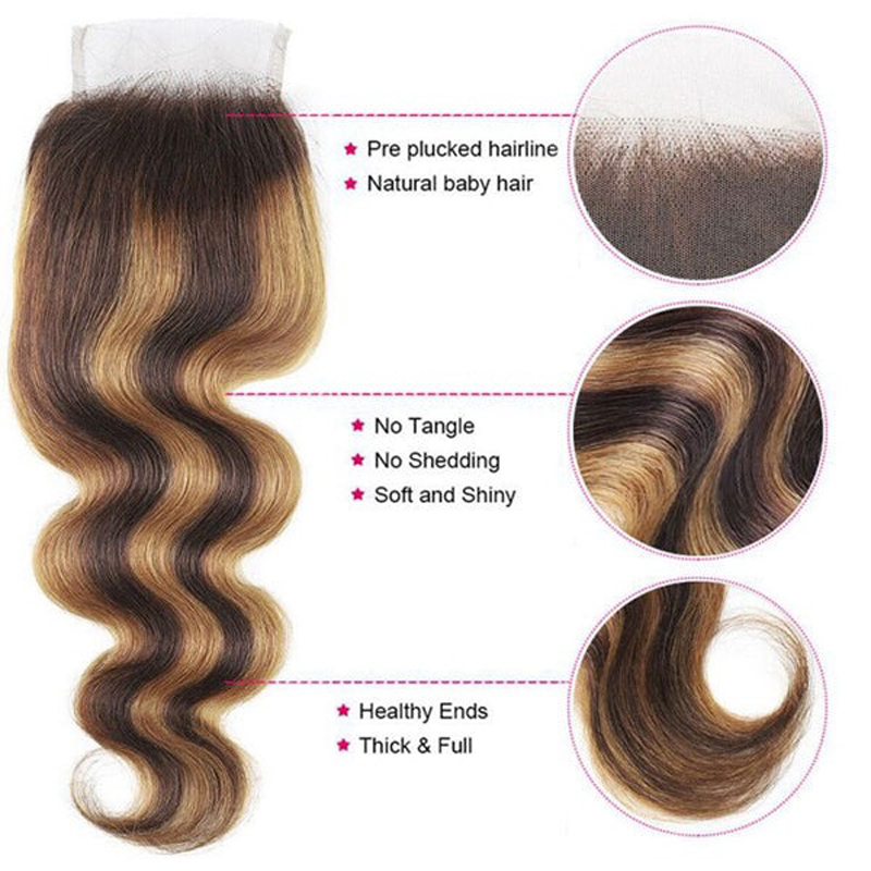 Wholesale Transparent Highlight Body Wave Closure 4x4 Human Hair Pieces