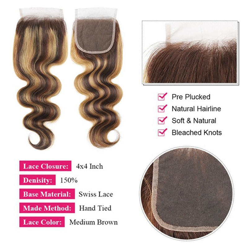 Wholesale Transparent Highlight Body Wave Closure 4x4 Human Hair Pieces