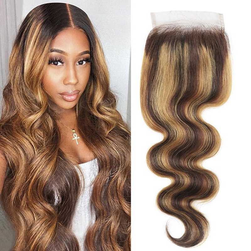 Wholesale Transparent Highlight Body Wave Closure 4x4 Human Hair Pieces